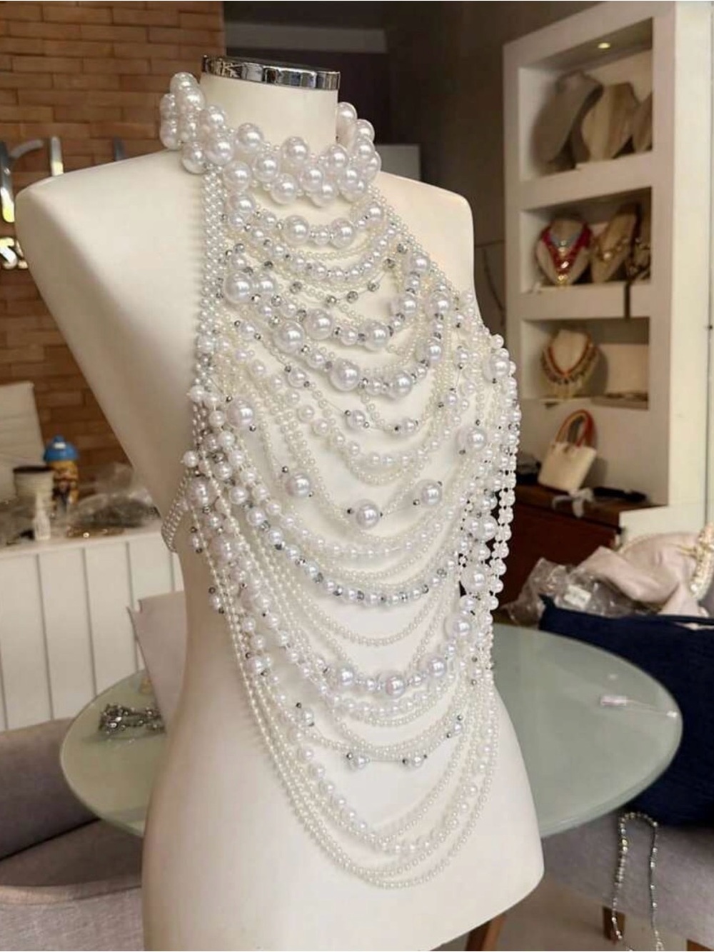 Layered White Pearl Statement Body Necklace